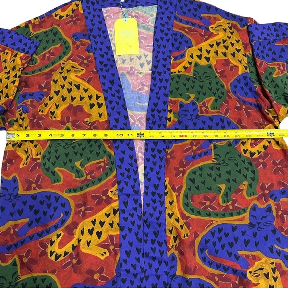 Farm Rio Cat Leopard And Heart Print Kimono Colorful OSFM Made India UNIQUE NWT - Picture 8 of 9
